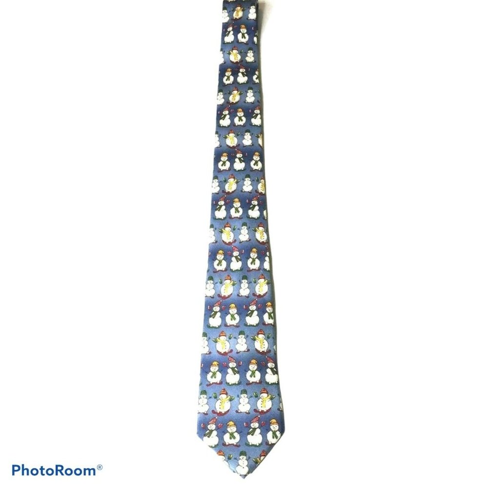 Talbots Kids Boys Neck Tie Blue Snowman‎ Holiday Christmas Printed 100% Silk New